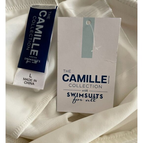 Swimsuits For All L Ivory Ribbed Lined Scoop Neckline Short Sleeve Crop Swim Top - Picture 5 of 5